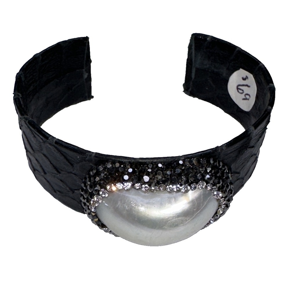 Cuff Bracelet Pearl Shell Black Snakeskin Glitter Stones Halo Handmade - Picture 1 of 11